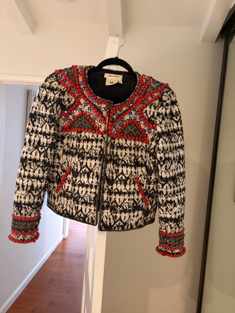 Isabel Marant Embellished Black, White & Red Jacket with Beading & Red Pompons